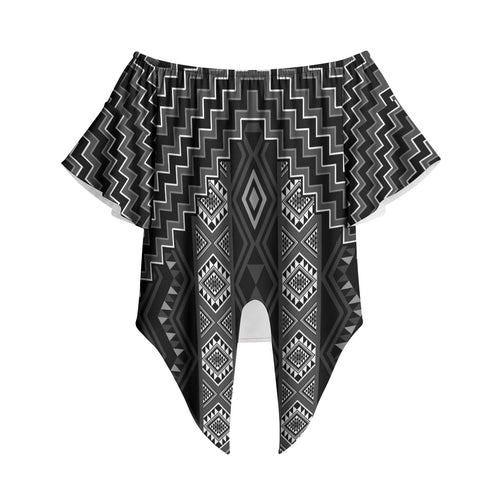New Zealand Aotearoa Off Shoulder Wrap Waist Top Black Poutama With Taniko Pattern