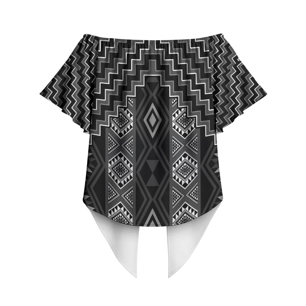 New Zealand Aotearoa Off Shoulder Wrap Waist Top Black Poutama With Taniko Pattern