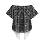 New Zealand Aotearoa Off Shoulder Wrap Waist Top Black Poutama With Taniko Pattern