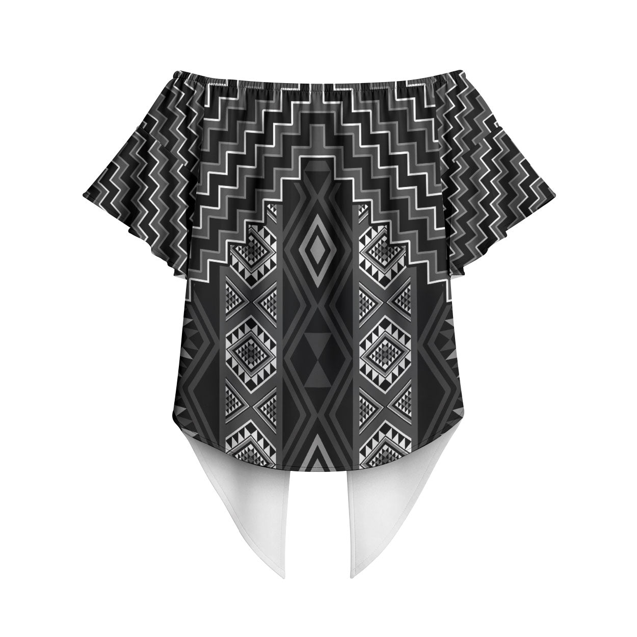 New Zealand Aotearoa Off Shoulder Wrap Waist Top Black Poutama With Taniko Pattern
