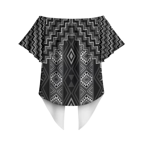 New Zealand Aotearoa Off Shoulder Wrap Waist Top Black Poutama With Taniko Pattern