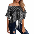 New Zealand Aotearoa Off Shoulder Wrap Waist Top Black Poutama With Taniko Pattern