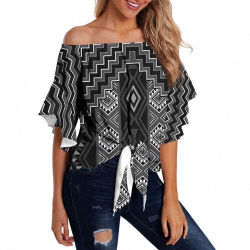 New Zealand Aotearoa Off Shoulder Wrap Waist Top Black Poutama With Taniko Pattern