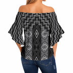 New Zealand Aotearoa Off Shoulder Wrap Waist Top Black Poutama With Taniko Pattern