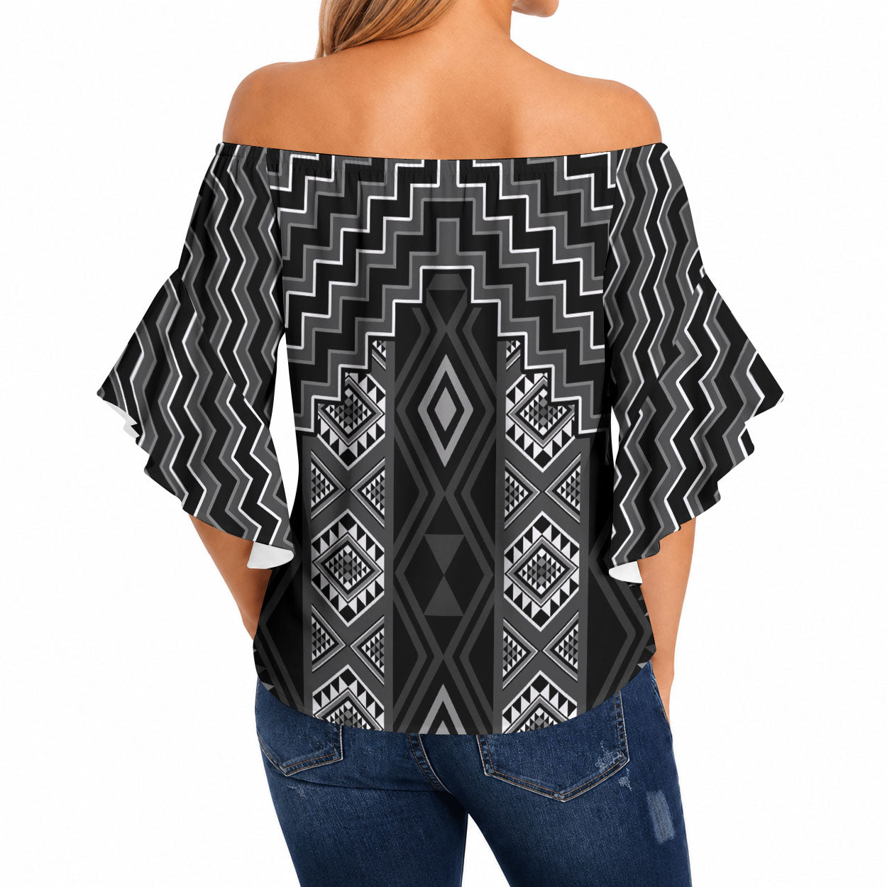 New Zealand Aotearoa Off Shoulder Wrap Waist Top Black Poutama With Taniko Pattern
