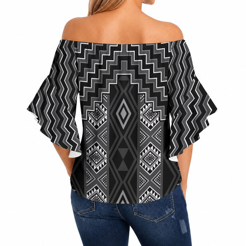 New Zealand Aotearoa Off Shoulder Wrap Waist Top Black Poutama With Taniko Pattern