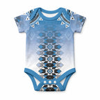 New Zealand Baby Onesie Poutama Mix Blue Taniko Inspired Art