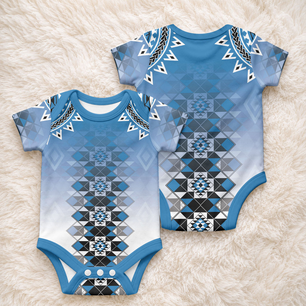 New Zealand Baby Onesie Poutama Mix Blue Taniko Inspired Art