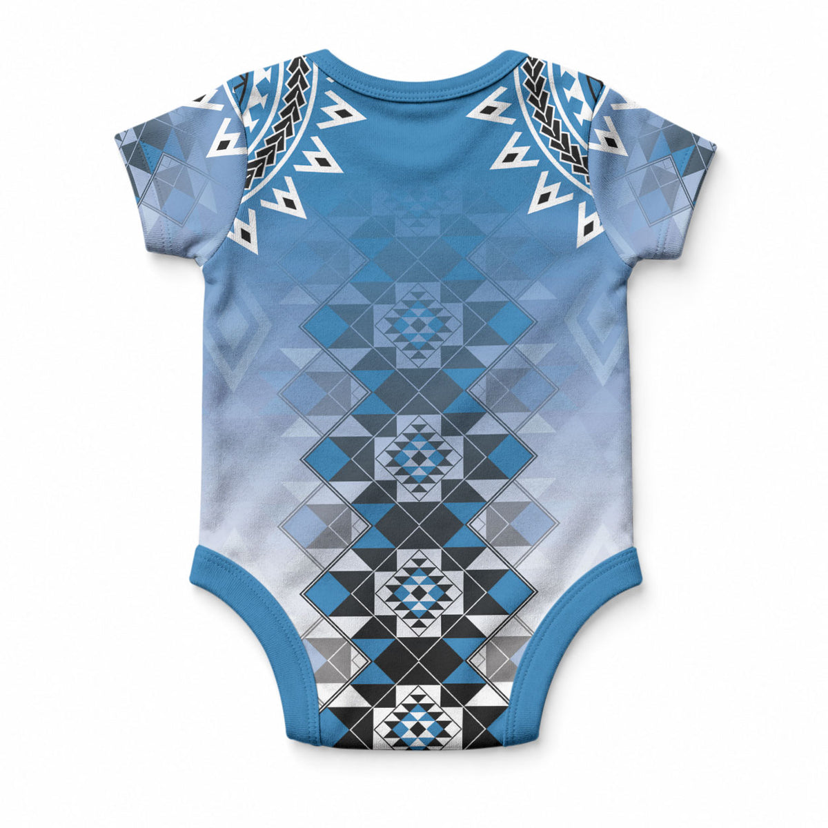 New Zealand Baby Onesie Poutama Mix Blue Taniko Inspired Art