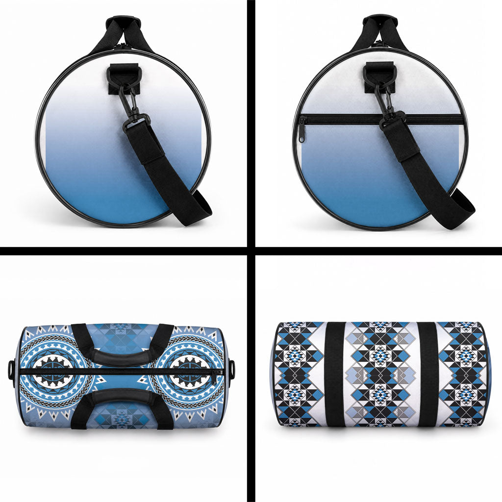 New Zealand Duffle Bag Poutama Mix Blue Taniko Inspired Art