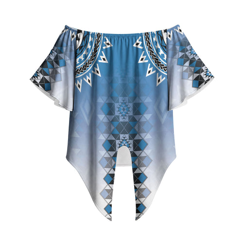 New Zealand Off Shoulder Wrap Waist Top Poutama Mix Blue Taniko Inspired Art