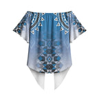 New Zealand Off Shoulder Wrap Waist Top Poutama Mix Blue Taniko Inspired Art
