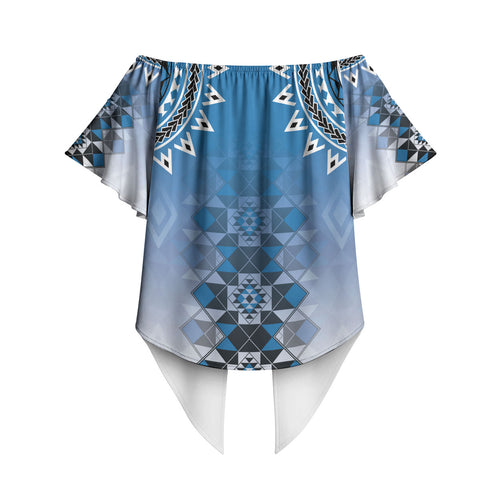 New Zealand Off Shoulder Wrap Waist Top Poutama Mix Blue Taniko Inspired Art