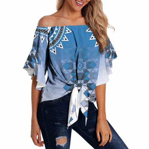 New Zealand Off Shoulder Wrap Waist Top Poutama Mix Blue Taniko Inspired Art