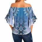 New Zealand Off Shoulder Wrap Waist Top Poutama Mix Blue Taniko Inspired Art