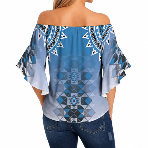 New Zealand Off Shoulder Wrap Waist Top Poutama Mix Blue Taniko Inspired Art