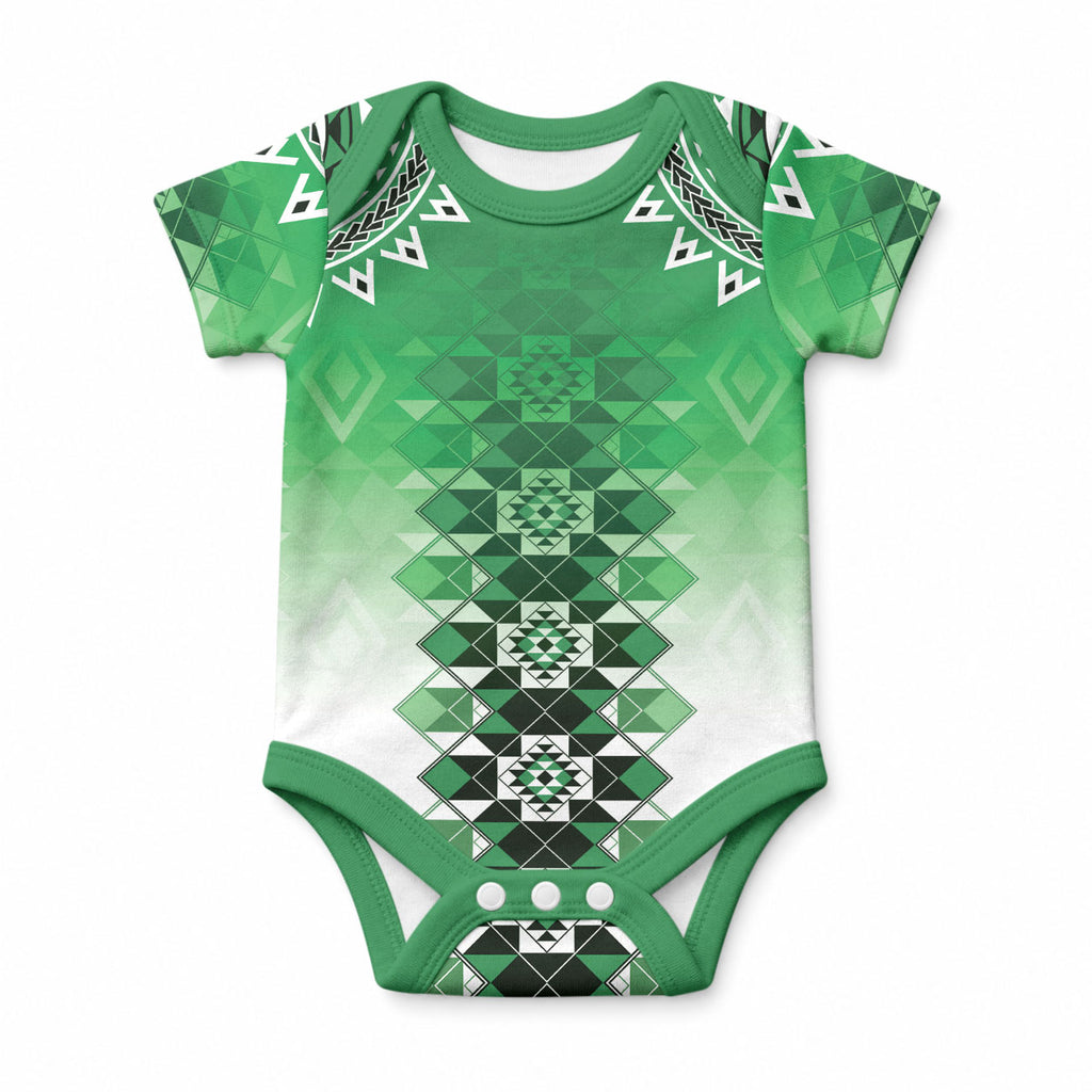 New Zealand Baby Onesie Poutama Mix Green Taniko Inspired Art