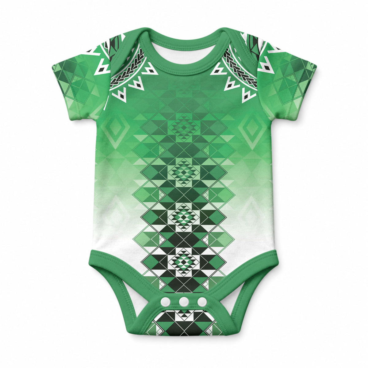 New Zealand Baby Onesie Poutama Mix Green Taniko Inspired Art