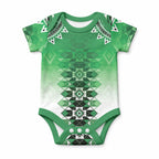 New Zealand Baby Onesie Poutama Mix Green Taniko Inspired Art