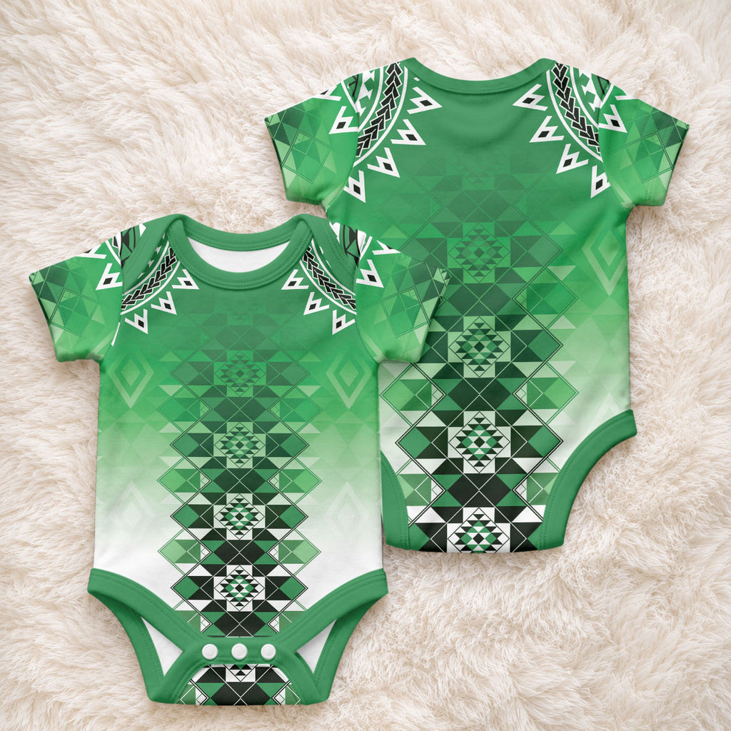 New Zealand Baby Onesie Poutama Mix Green Taniko Inspired Art