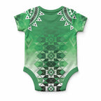 New Zealand Baby Onesie Poutama Mix Green Taniko Inspired Art