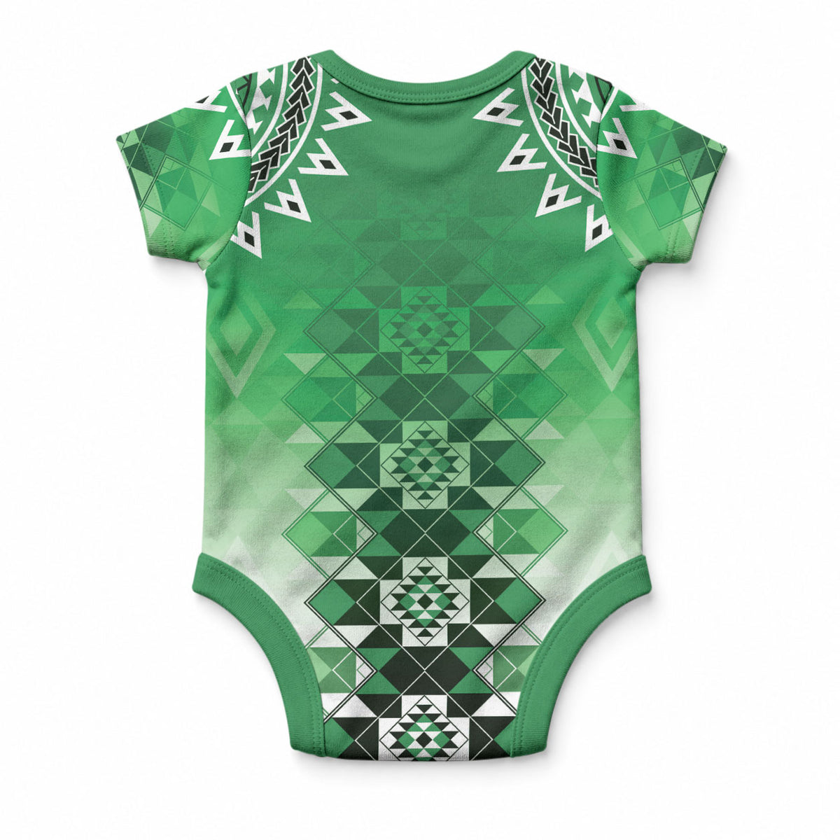 New Zealand Baby Onesie Poutama Mix Green Taniko Inspired Art
