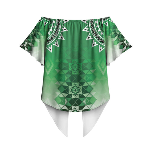 New Zealand Off Shoulder Wrap Waist Top Poutama Mix Green Taniko Inspired Art