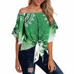 New Zealand Off Shoulder Wrap Waist Top Poutama Mix Green Taniko Inspired Art