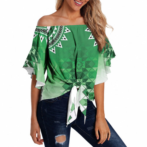 New Zealand Off Shoulder Wrap Waist Top Poutama Mix Green Taniko Inspired Art