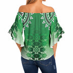 New Zealand Off Shoulder Wrap Waist Top Poutama Mix Green Taniko Inspired Art