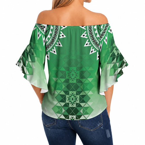 New Zealand Off Shoulder Wrap Waist Top Poutama Mix Green Taniko Inspired Art