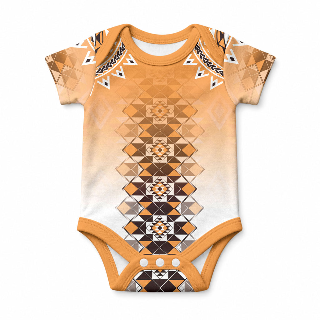 New Zealand Baby Onesie Poutama Mix Orange Taniko Inspired Art
