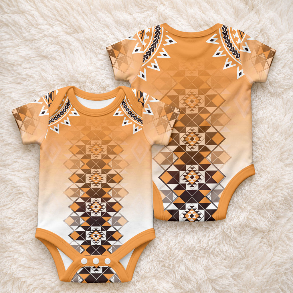 New Zealand Baby Onesie Poutama Mix Orange Taniko Inspired Art