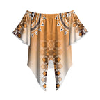 New Zealand Off Shoulder Wrap Waist Top Poutama Mix Orange Taniko Inspired Art