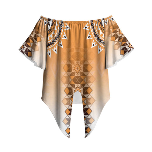 New Zealand Off Shoulder Wrap Waist Top Poutama Mix Orange Taniko Inspired Art