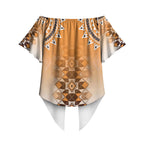 New Zealand Off Shoulder Wrap Waist Top Poutama Mix Orange Taniko Inspired Art
