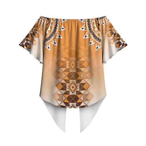 New Zealand Off Shoulder Wrap Waist Top Poutama Mix Orange Taniko Inspired Art