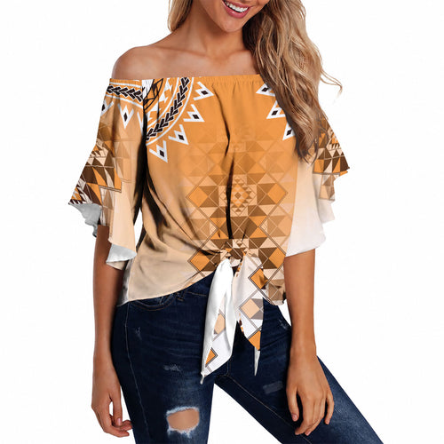 New Zealand Off Shoulder Wrap Waist Top Poutama Mix Orange Taniko Inspired Art