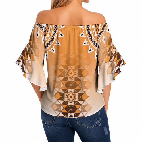 New Zealand Off Shoulder Wrap Waist Top Poutama Mix Orange Taniko Inspired Art