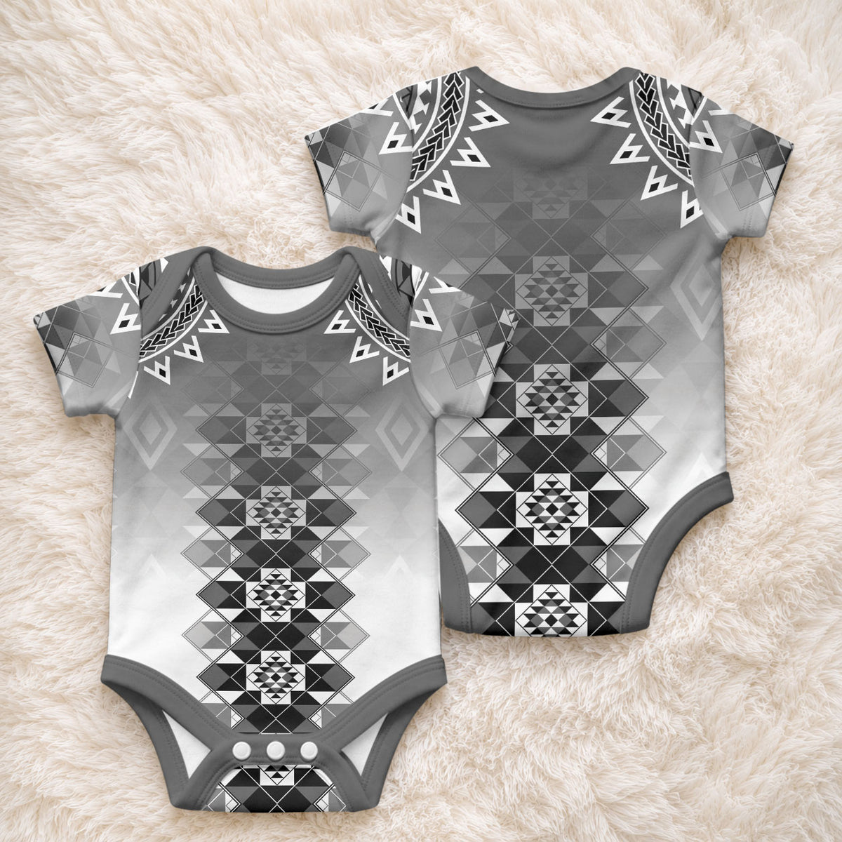 New Zealand Baby Onesie Poutama Mix Gray Taniko Inspired Art