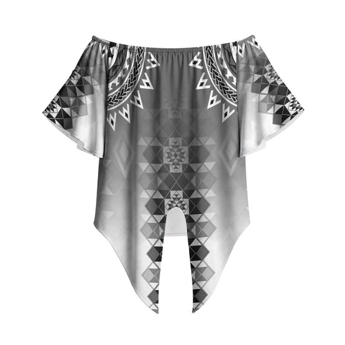 New Zealand Off Shoulder Wrap Waist Top Poutama Mix Gray Taniko Inspired Art