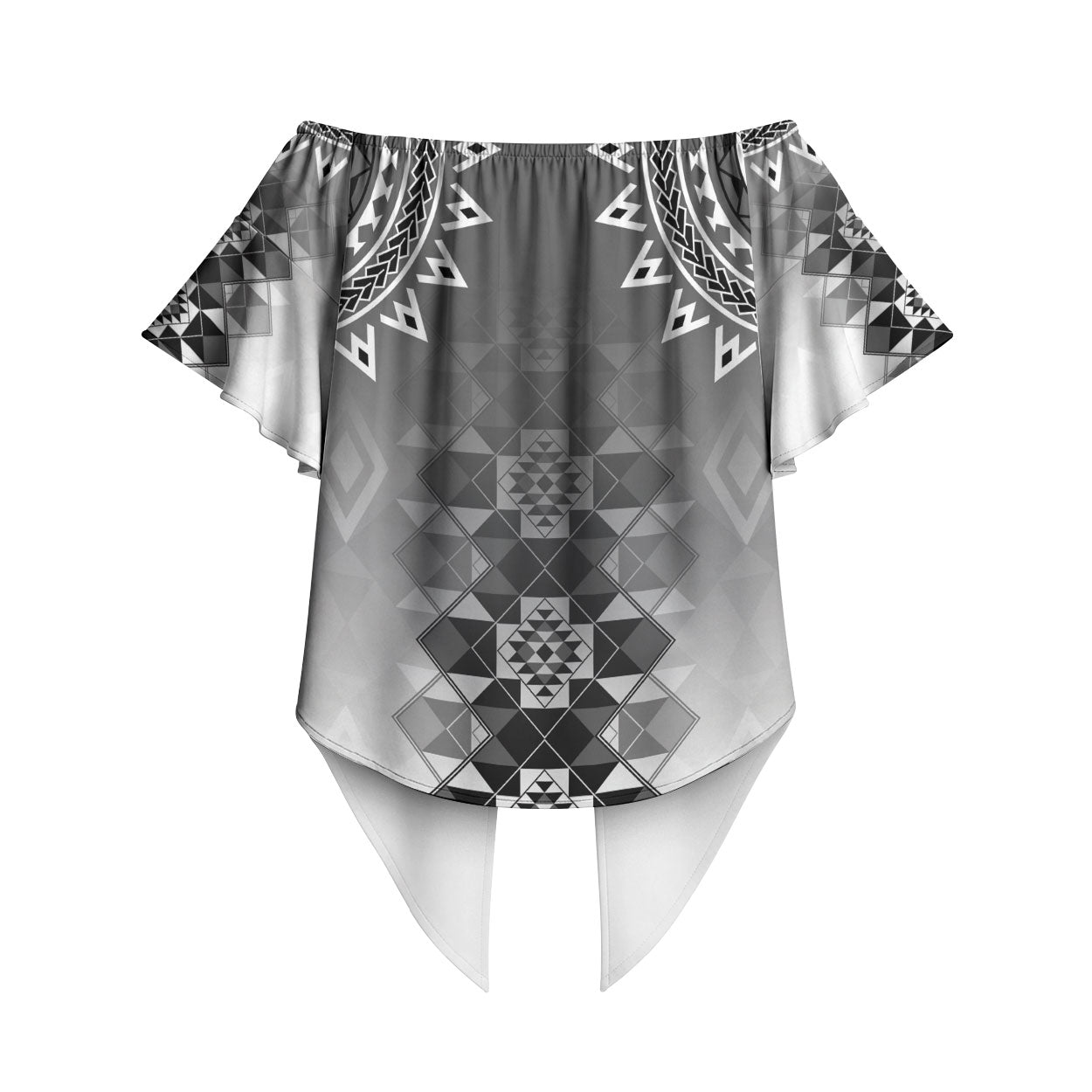 New Zealand Off Shoulder Wrap Waist Top Poutama Mix Gray Taniko Inspired Art
