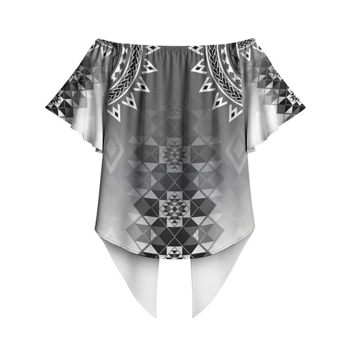New Zealand Off Shoulder Wrap Waist Top Poutama Mix Gray Taniko Inspired Art