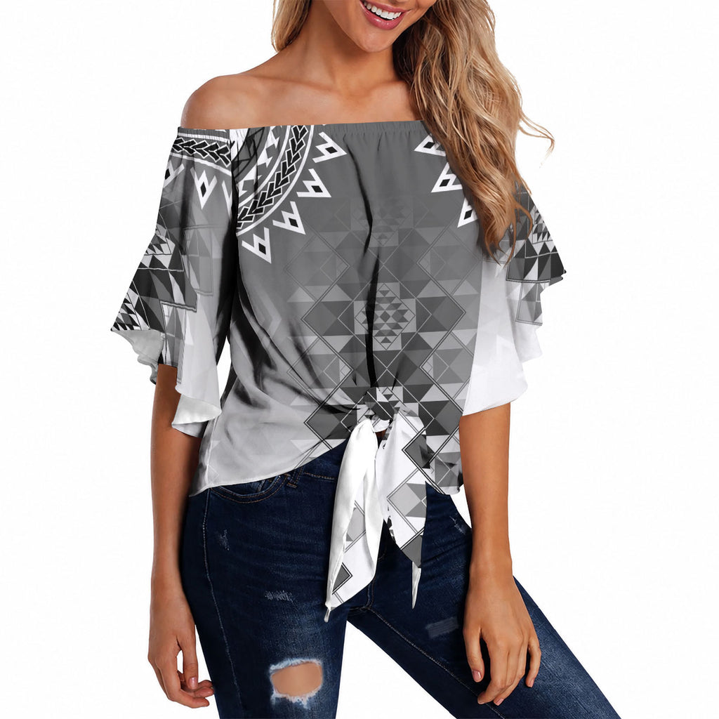 New Zealand Off Shoulder Wrap Waist Top Poutama Mix Gray Taniko Inspired Art