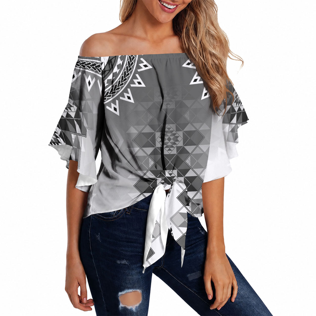 New Zealand Off Shoulder Wrap Waist Top Poutama Mix Gray Taniko Inspired Art