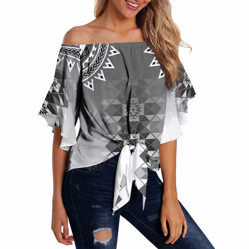 New Zealand Off Shoulder Wrap Waist Top Poutama Mix Gray Taniko Inspired Art
