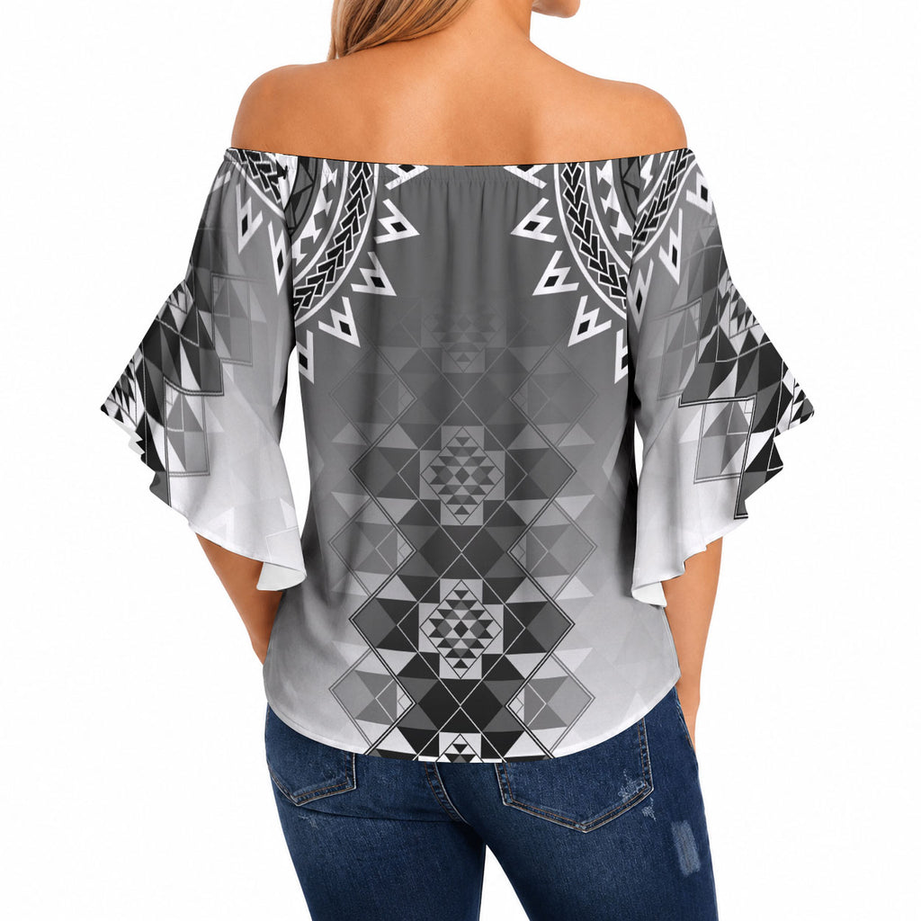 New Zealand Off Shoulder Wrap Waist Top Poutama Mix Gray Taniko Inspired Art