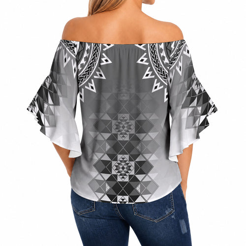 New Zealand Off Shoulder Wrap Waist Top Poutama Mix Gray Taniko Inspired Art