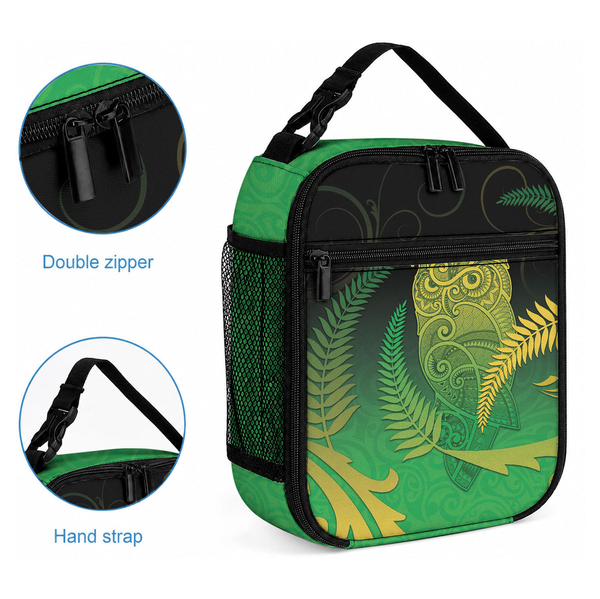 New Zealand Aotearoa Ruru Lunch Bag Maori Fern Art Green
