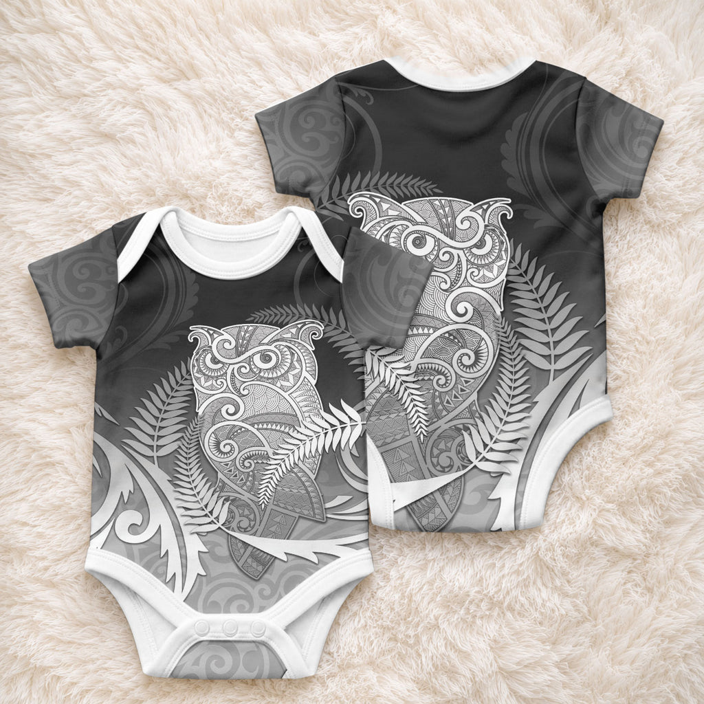 New Zealand Aotearoa Ruru Baby Onesie Maori Fern Art Black